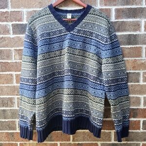 GAP Lambswool Fair Isle Sweater – Men’s L, Blue/Gray Vintage V-Neck